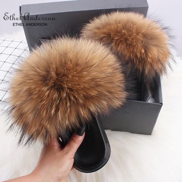 Casual Shoes Real FOX Fur Fluffy Slippers