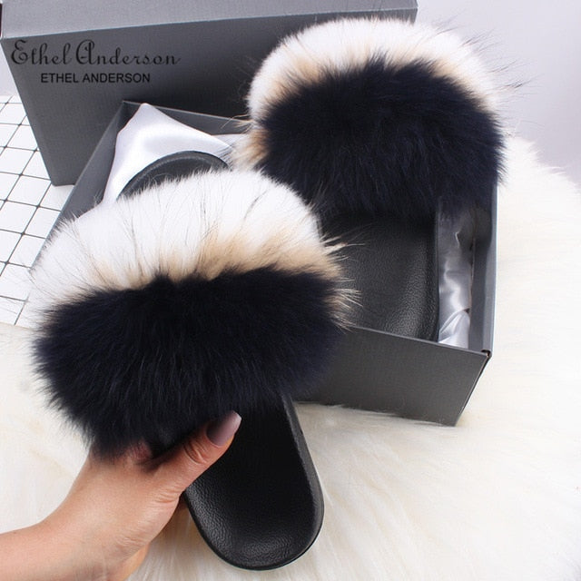 Casual Shoes Real FOX Fur Fluffy Slippers