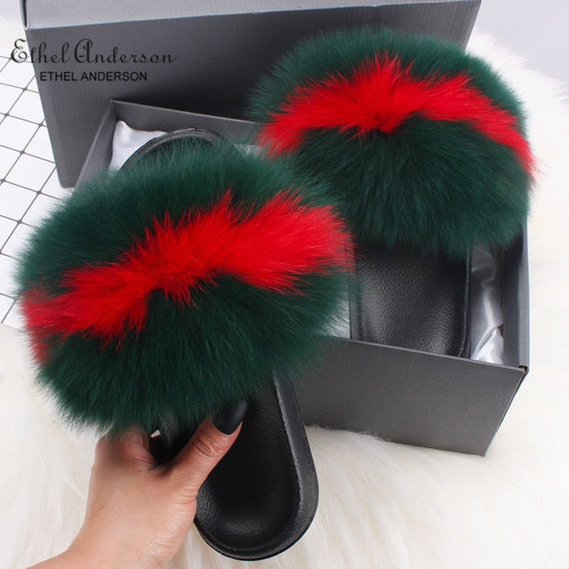 Casual Shoes Real FOX Fur Fluffy Slippers