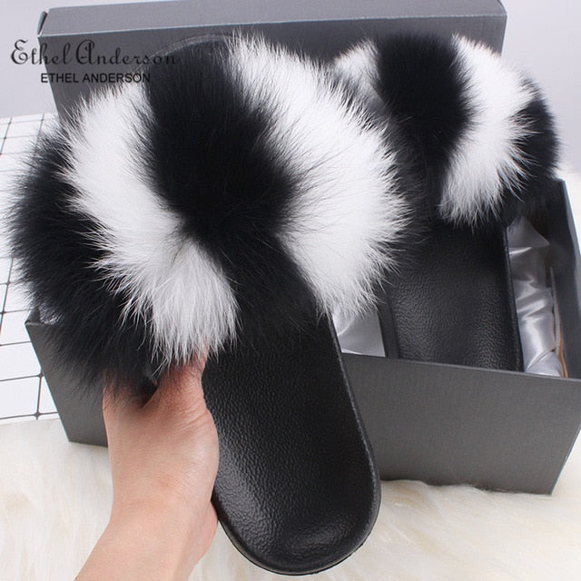 Casual Shoes Real FOX Fur Fluffy Slippers