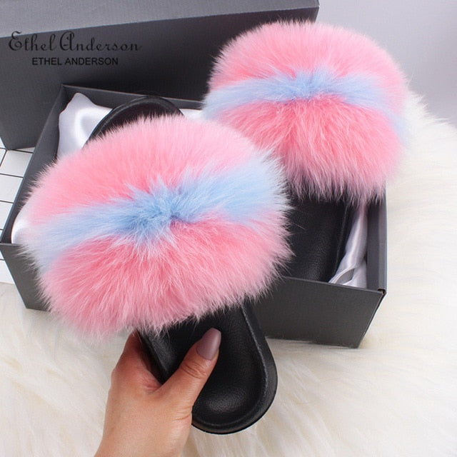 Casual Shoes Real FOX Fur Fluffy Slippers