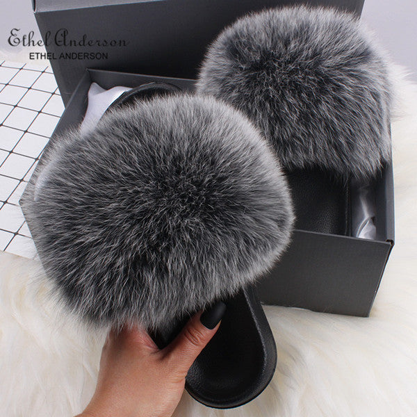 Casual Shoes Real FOX Fur Fluffy Slippers