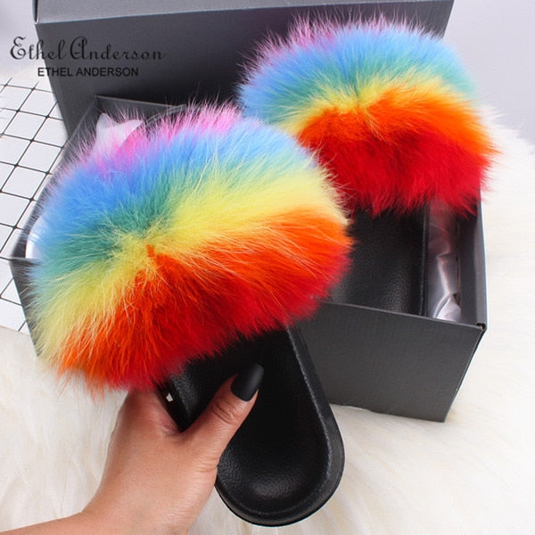 Casual Shoes Real FOX Fur Fluffy Slippers