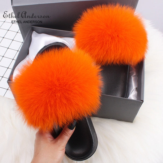 Casual Shoes Real FOX Fur Fluffy Slippers