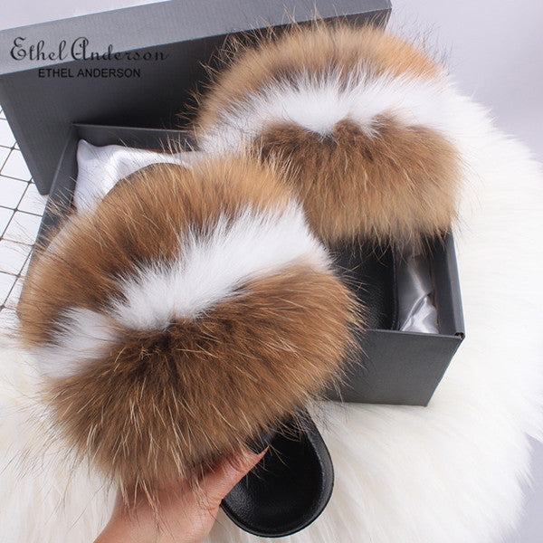 Casual Shoes Real FOX Fur Fluffy Slippers