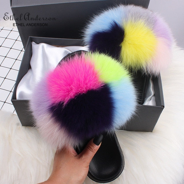 Casual Shoes Real FOX Fur Fluffy Slippers