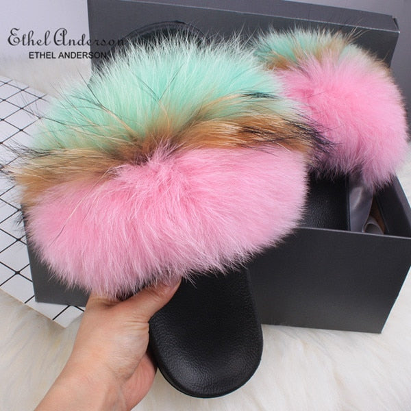 Casual Shoes Real FOX Fur Fluffy Slippers