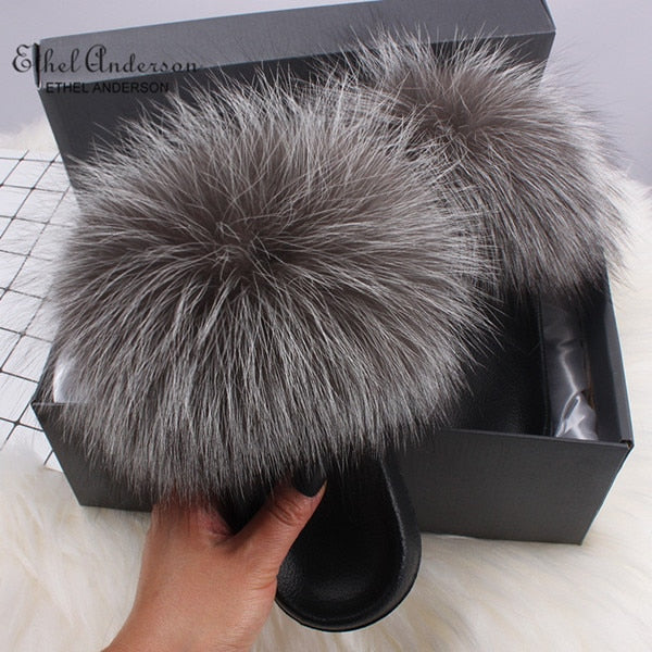 Casual Shoes Real FOX Fur Fluffy Slippers