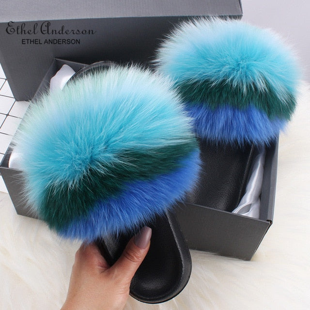 Casual Shoes Real FOX Fur Fluffy Slippers