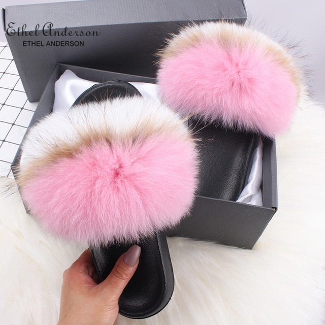 Casual Shoes Real FOX Fur Fluffy Slippers