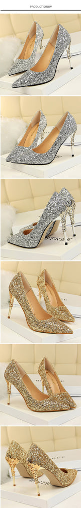 Thin Pointed Toe Metal Pumps Bridal Wedding High Heels