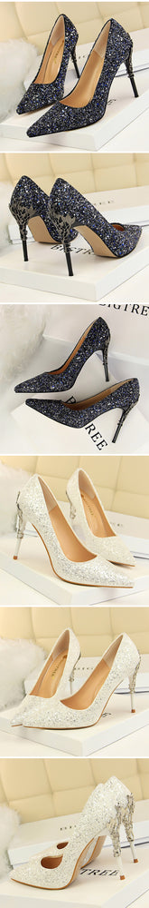 Thin Pointed Toe Metal Pumps Bridal Wedding High Heels