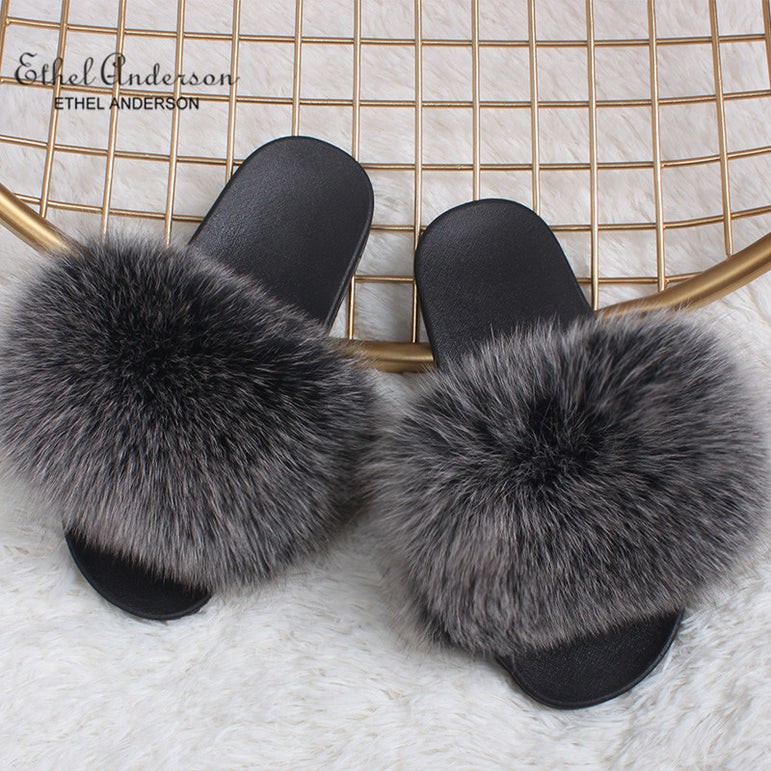 Casual Shoes Real FOX Fur Fluffy Slippers