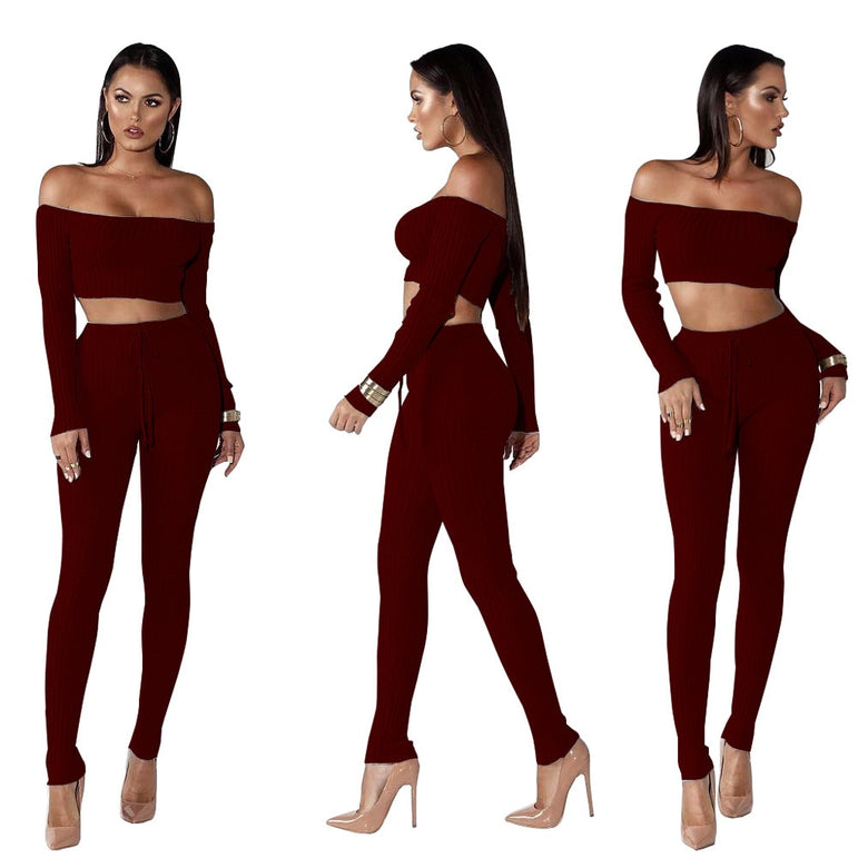 Off Shoulder Women Long Sleeve Bodycon Tracksuit