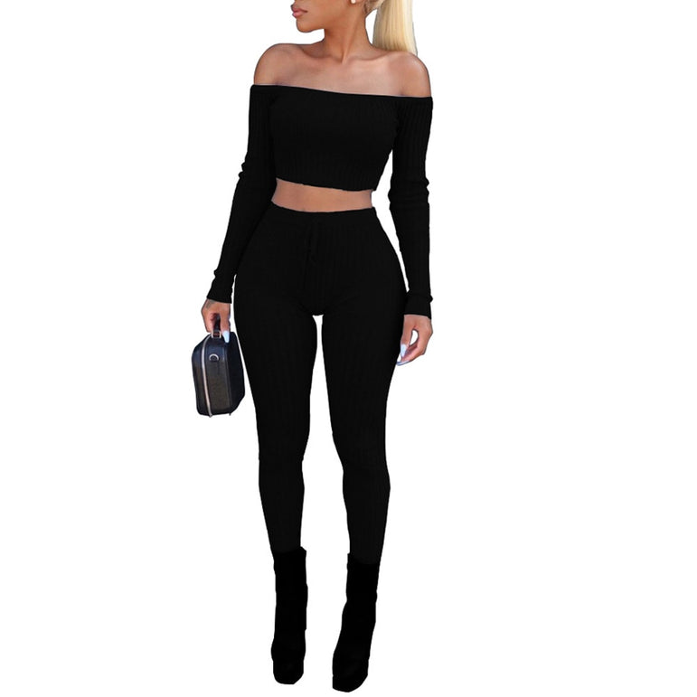 Off Shoulder Women Long Sleeve Bodycon Tracksuit