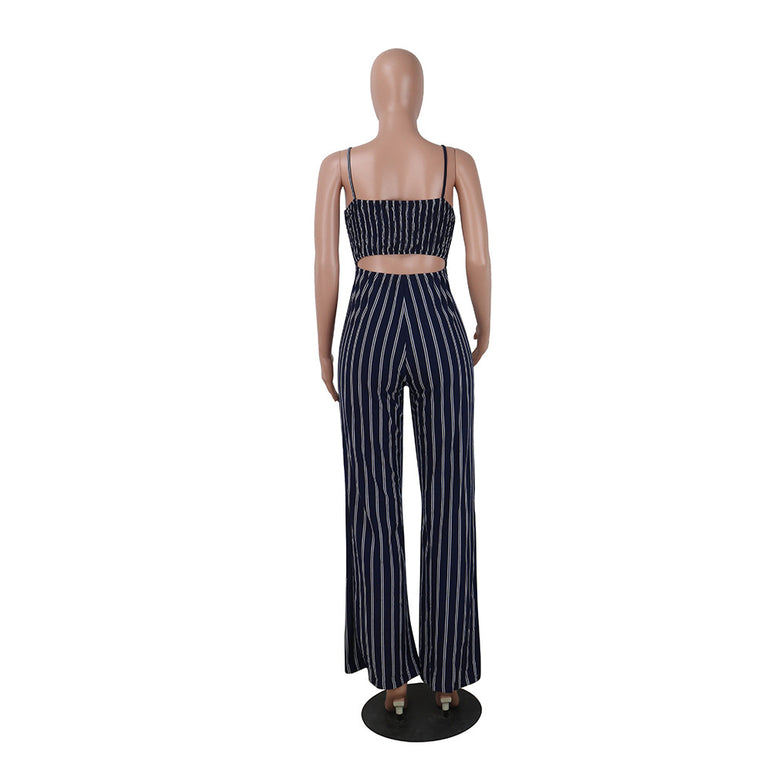 Elegant Striped Sleeveless Backless Bow Rompers Wide Legs Jumpsuits