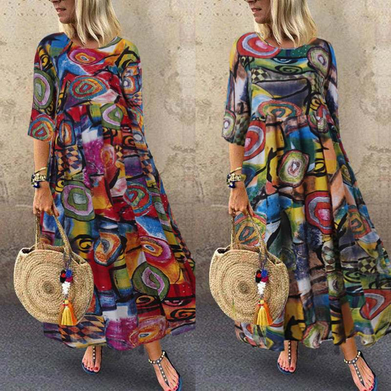 Vintage Long Maxi Dresses Robe Pleated Dress