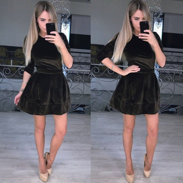 Casual Long Sleeve Velvet Party Dress