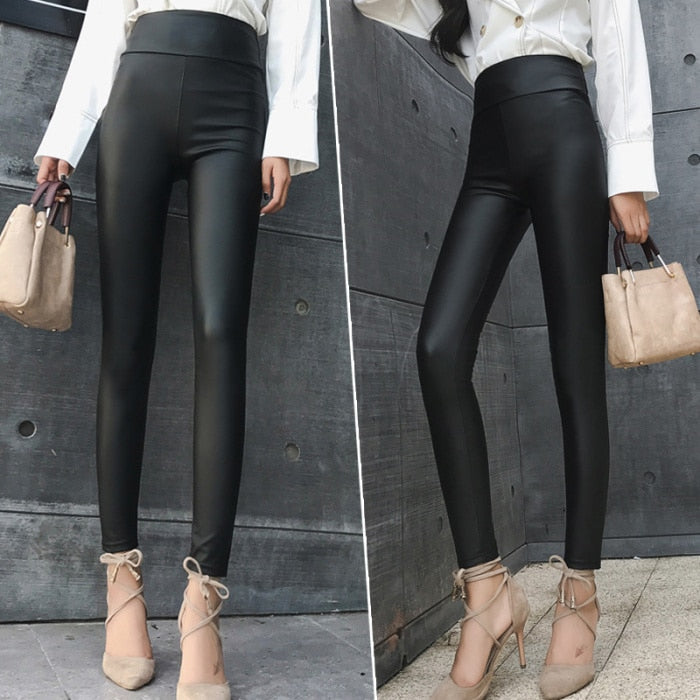 High Waist Leather Stretch Fit Leggings