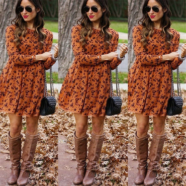 Elegant Vintage Women Long Sleeve Floral Midi Dress