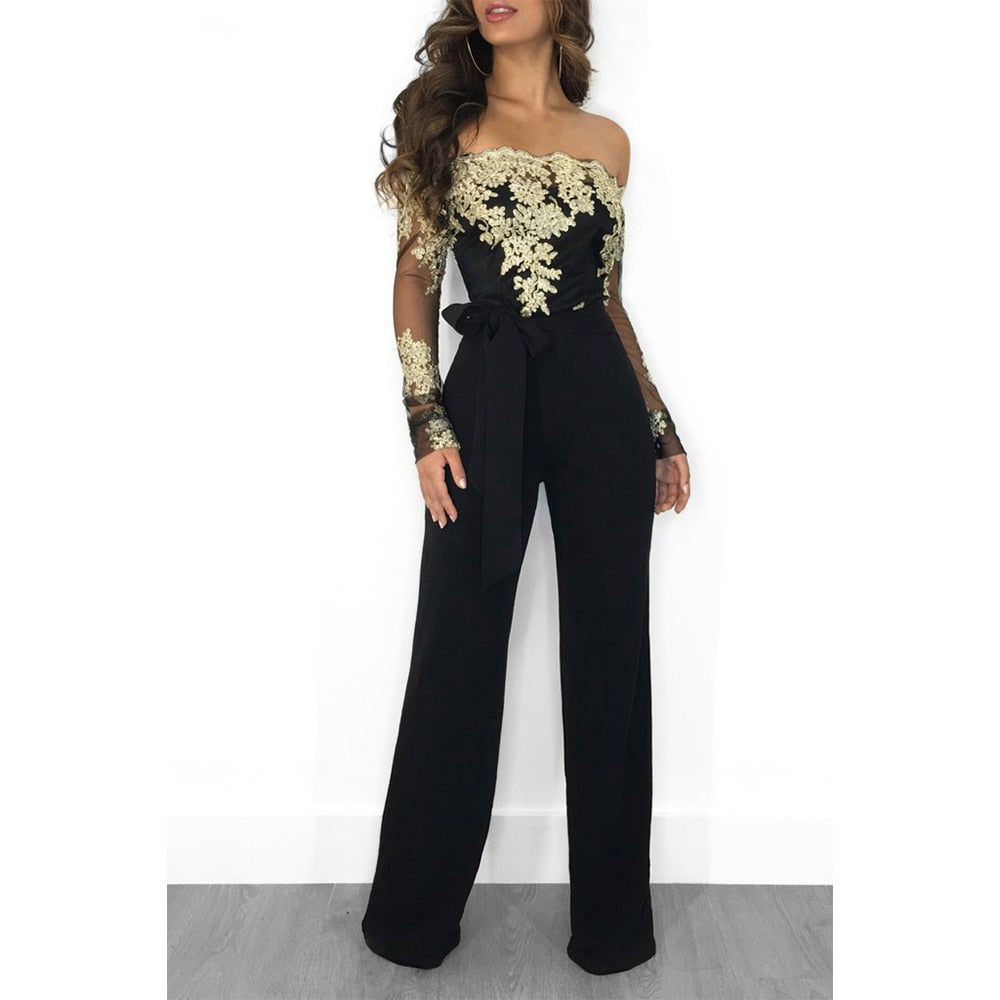 Off Shoulder Appliques Lace Women Jumpsuit