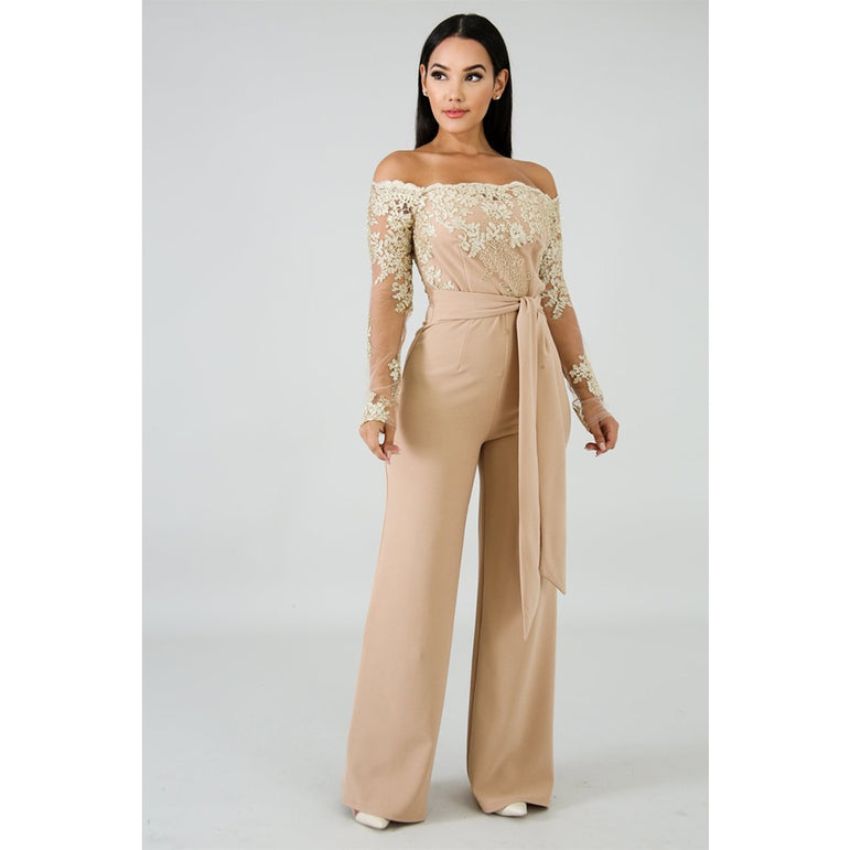 Off Shoulder Appliques Lace Women Jumpsuit