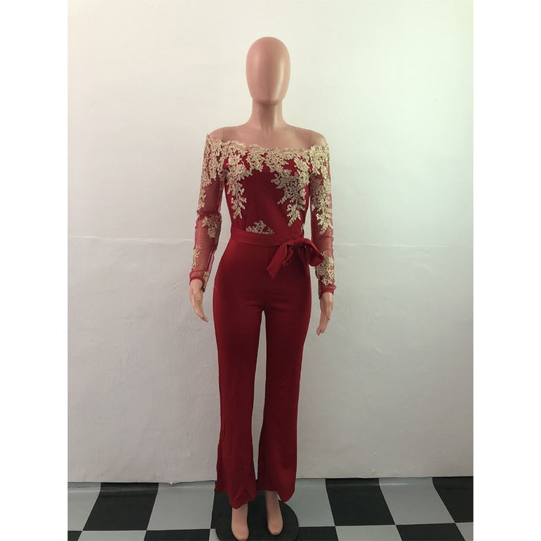 Off Shoulder Appliques Lace Women Jumpsuit