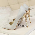 Elegant Metal Carved Silk High Heel Women Pumps