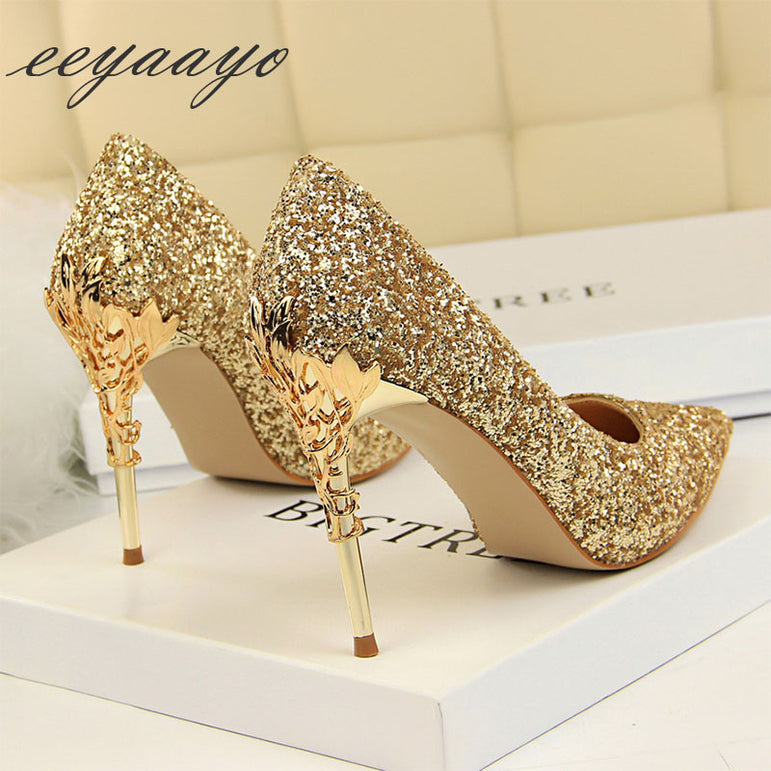 Thin Pointed Toe Metal Pumps Bridal Wedding High Heels