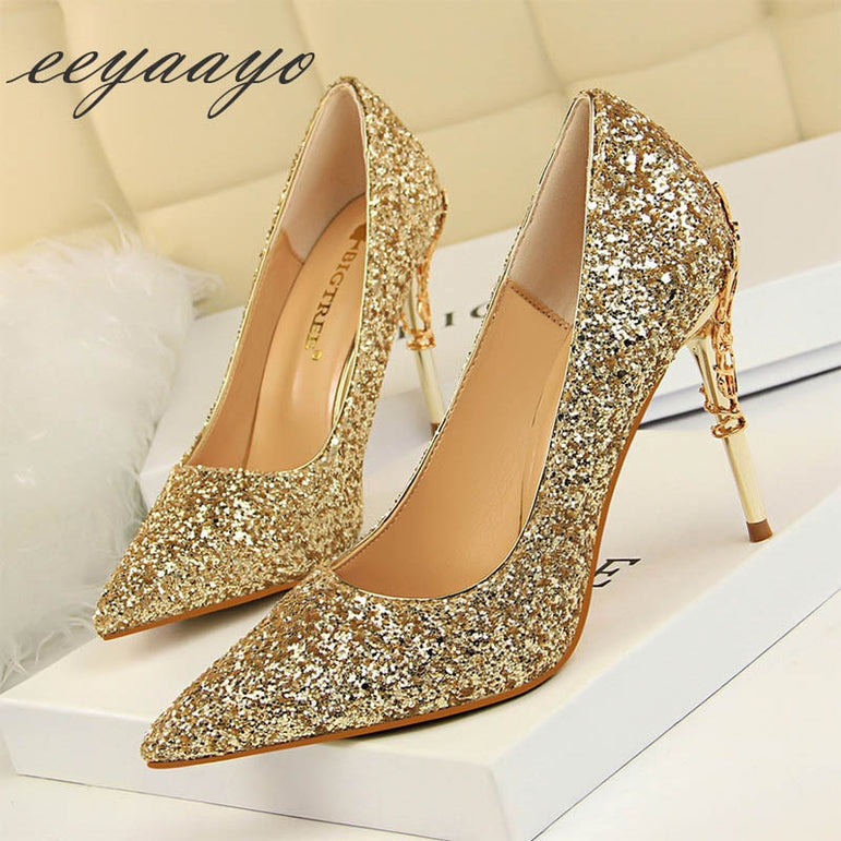 Thin Pointed Toe Metal Pumps Bridal Wedding High Heels