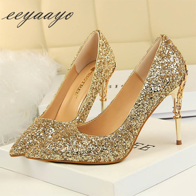 Thin Pointed Toe Metal Pumps Bridal Wedding High Heels