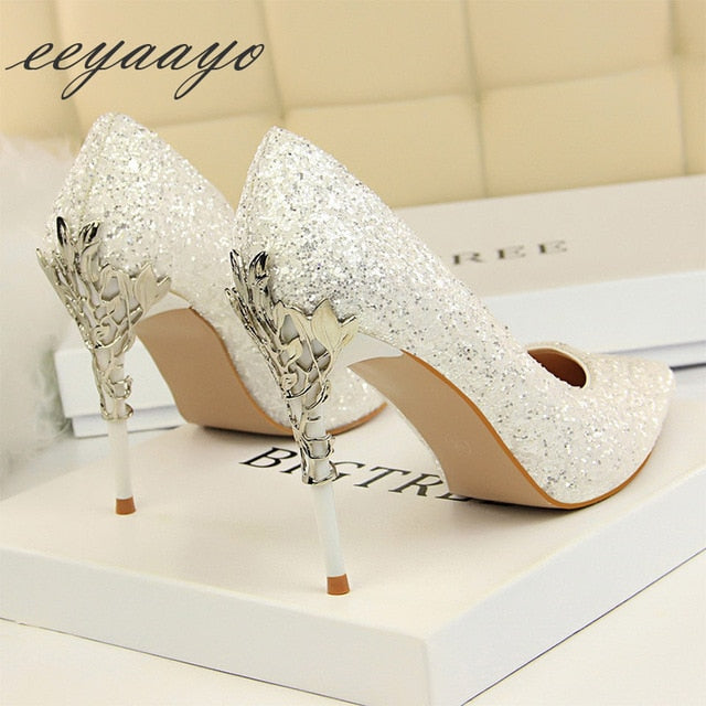 Thin Pointed Toe Metal Pumps Bridal Wedding High Heels