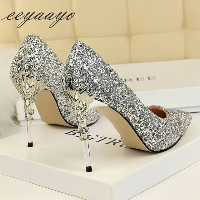 Thin Pointed Toe Metal Pumps Bridal Wedding High Heels