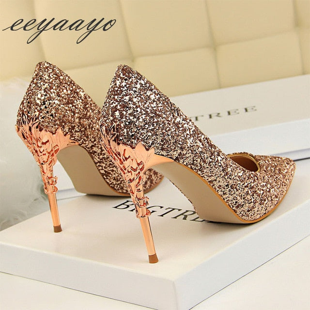 Thin Pointed Toe Metal Pumps Bridal Wedding High Heels