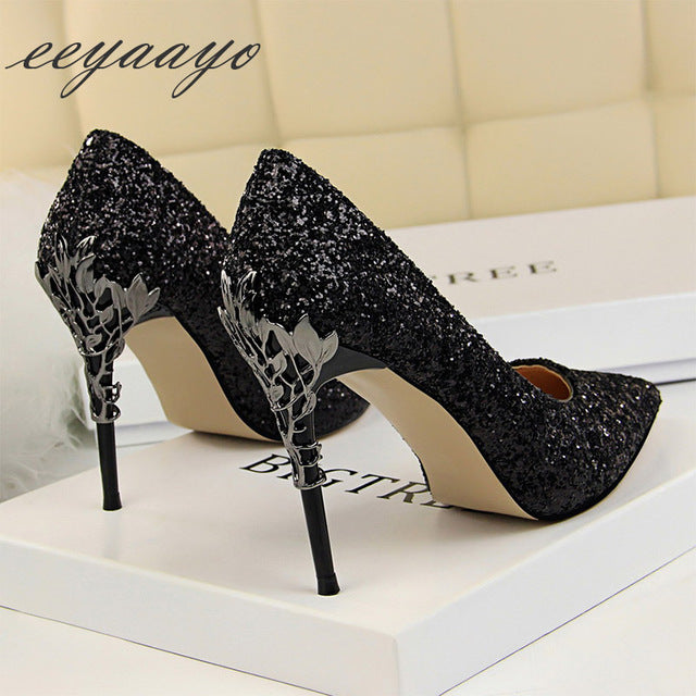 Thin Pointed Toe Metal Pumps Bridal Wedding High Heels