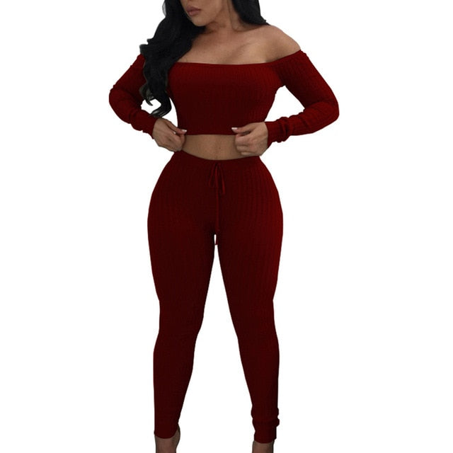 Off Shoulder Women Long Sleeve Bodycon Tracksuit